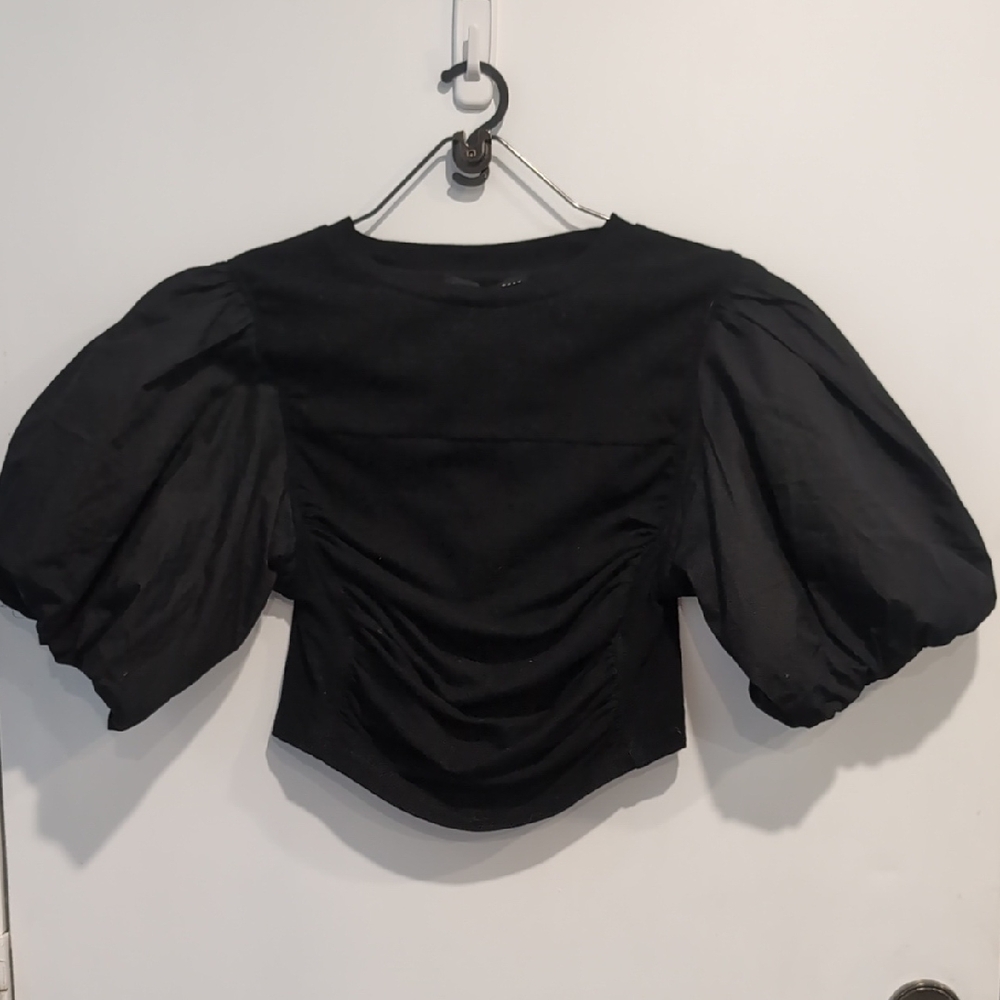 New English Factory Mixed Media Puff Sleeve Top  Blouse Black Size Small